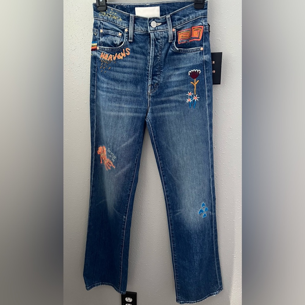 Mother The Rambler Sneak Embroidered Jeans in Running With Scissors Size 24 New - Picture 3 of 15